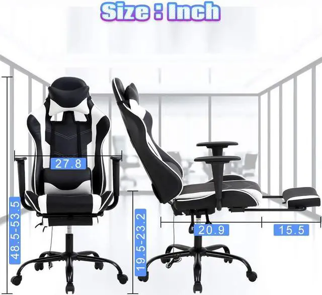 Alt view image 7 of 7 - Gaming Chair High Back Computer Gaming Chair with Footrest, Ergonomic Game Chair PU Leather Racing Office Chair Adjustable Task Chair w/Headrest Armrest & Massage Function Lumbar Support-White