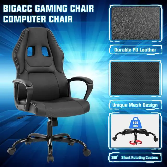 Alt view image 3 of 7 - Gaming Chair PC Computer Chair Office Chair for Adult Teen Kids, Ergonomic PU Leather Gamer Chair with Lumbar Support High Back Adjustable Rolling Swivel Desk Chair, Black, Welcome to consult
