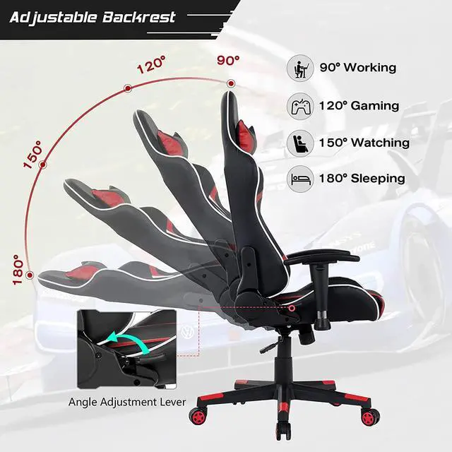 Alt view image 4 of 7 - GYMAX Gaming Chair, Massage Gaming Chairs for Adults with Headrest, Lumbar Support & Armrest, Video Computer Reclining Gaming Chair, Office Desk Gamer Task Chair (Red)