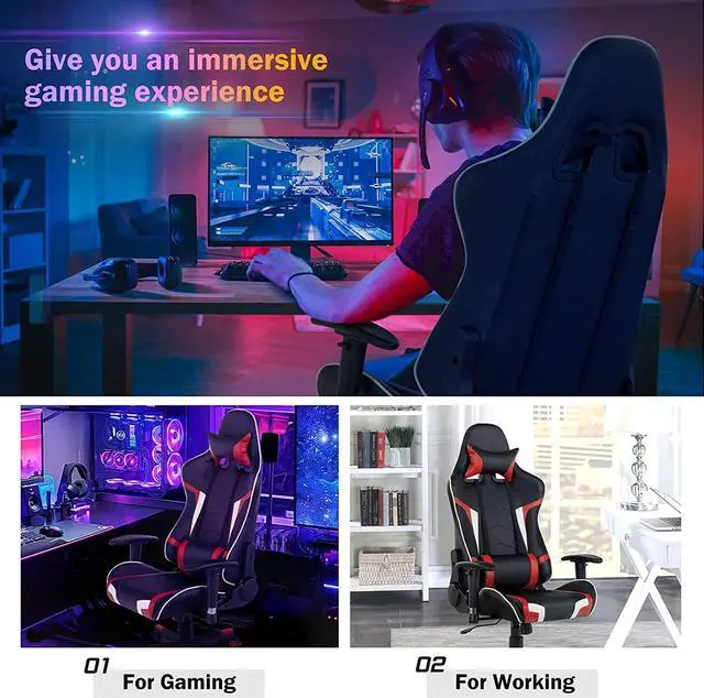 Alt view image 5 of 7 - GYMAX Gaming Chair, Massage Gaming Chairs for Adults with Headrest, Lumbar Support & Armrest, Video Computer Reclining Gaming Chair, Office Desk Gamer Task Chair (Red)