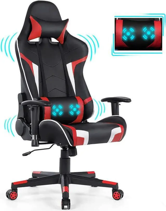 Main image of GYMAX Gaming Chair, Massage Gaming Chairs for Adults with Headrest, Lumbar Support & Armrest, Video Computer Reclining Gaming Chair, Office Desk Gamer Task Chair (Red)