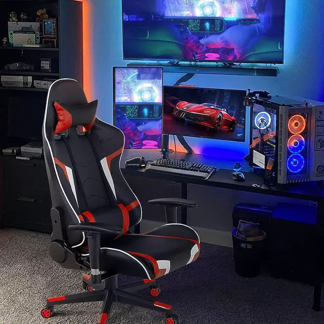 Alt view image 2 of 7 - GYMAX Gaming Chair, Massage Gaming Chairs for Adults with Headrest, Lumbar Support & Armrest, Video Computer Reclining Gaming Chair, Office Desk Gamer Task Chair (Red)