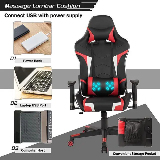 Alt view image 6 of 7 - GYMAX Gaming Chair, Massage Gaming Chairs for Adults with Headrest, Lumbar Support & Armrest, Video Computer Reclining Gaming Chair, Office Desk Gamer Task Chair (Red)