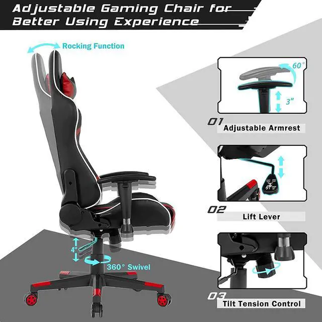 Alt view image 7 of 7 - GYMAX Gaming Chair, Massage Gaming Chairs for Adults with Headrest, Lumbar Support & Armrest, Video Computer Reclining Gaming Chair, Office Desk Gamer Task Chair (Red)