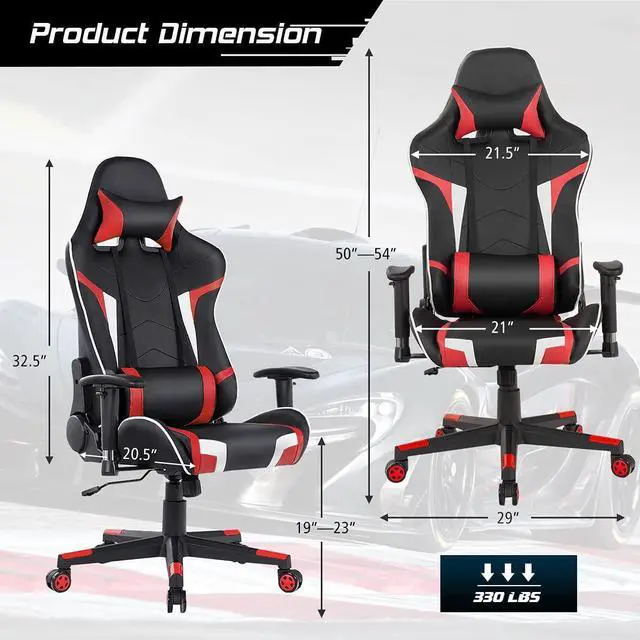 Alt view image 3 of 7 - GYMAX Gaming Chair, Massage Gaming Chairs for Adults with Headrest, Lumbar Support & Armrest, Video Computer Reclining Gaming Chair, Office Desk Gamer Task Chair (Red)