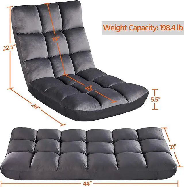 Alt view image 3 of 7 - Yaheetech Floor Folding Chair with Back Support, Padded Folding Gaming Sofa Chair with 14 Adjustable Backrest, Adults Couch Recliner, Floor Seating Lounge Chair, Armless Meditation Chair, Gray