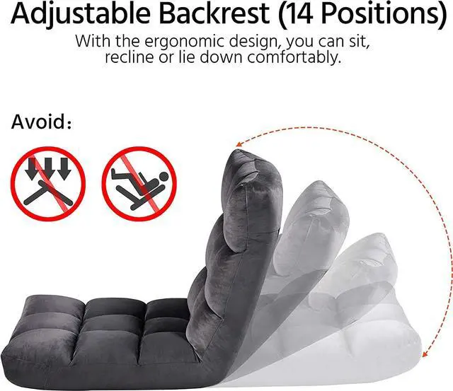 Alt view image 4 of 7 - Yaheetech Floor Folding Chair with Back Support, Padded Folding Gaming Sofa Chair with 14 Adjustable Backrest, Adults Couch Recliner, Floor Seating Lounge Chair, Armless Meditation Chair, Gray