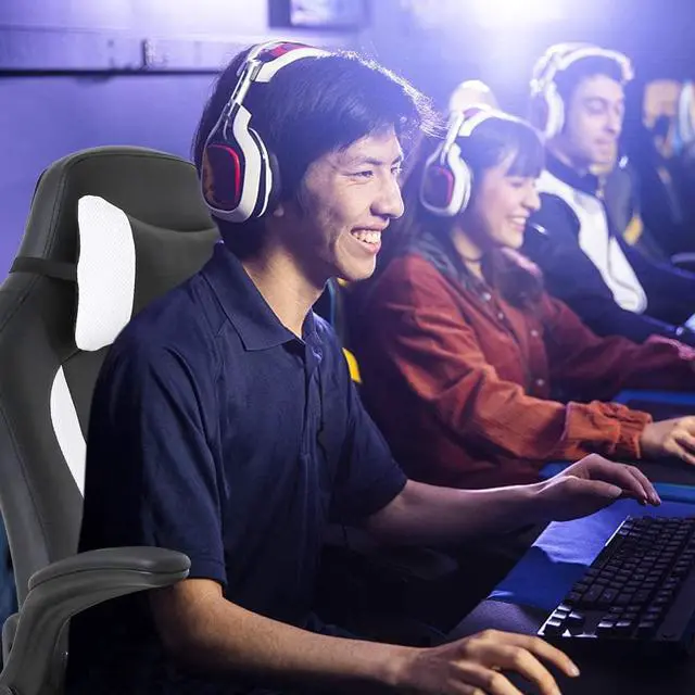 Alt view image 2 of 7 - Massage Gaming Chair Ergonomic Office Chair High Back Desk Chair PU Leather Executive Chair with Lumbar Support Headrest Armrest PC Racing Computer Chair Task Rolling Swivel Chair, White