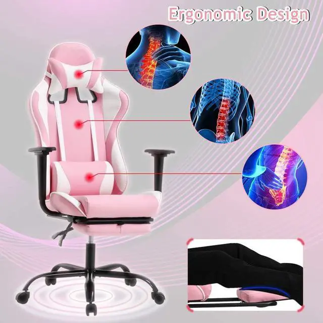 Alt view image 4 of 7 - Pink Gaming Chair Office Chair Desk Chair for Girls, High Back Ergonomic PC Racing Chair w/Lumbar Support & Retractable Footrest PU Leather Recliner Swivel Cute Computer Game Chair for Women