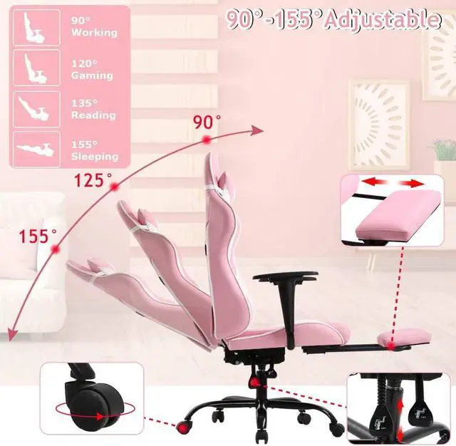 Alt view image 6 of 7 - Pink Gaming Chair Office Chair Desk Chair for Girls, High Back Ergonomic PC Racing Chair w/Lumbar Support & Retractable Footrest PU Leather Recliner Swivel Cute Computer Game Chair for Women