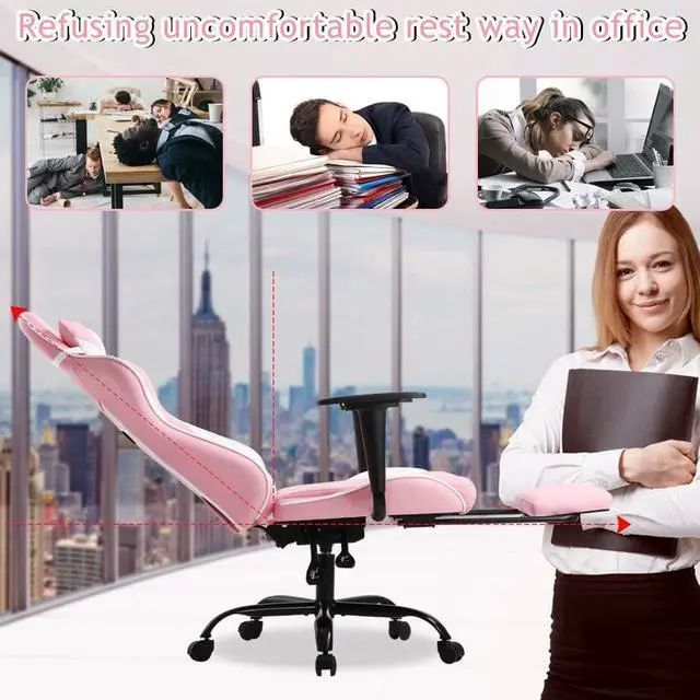 Alt view image 7 of 7 - Pink Gaming Chair Office Chair Desk Chair for Girls, High Back Ergonomic PC Racing Chair w/Lumbar Support & Retractable Footrest PU Leather Recliner Swivel Cute Computer Game Chair for Women