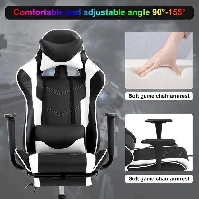 Alt view image 4 of 7 - Gaming Chair Computer Chair Ergonomic Gaming Chair with Footrest Reclining High Back Video Game Chair with Lumbar Support Headrest Armrest Swivel Seat for Women, Men (White)