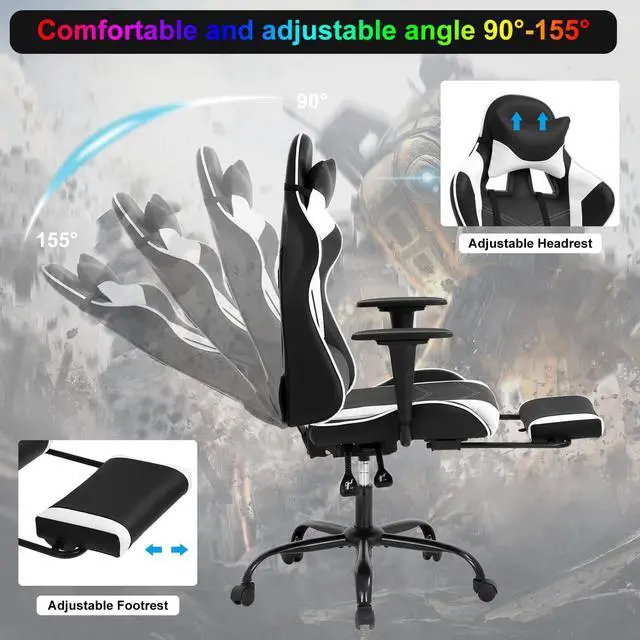Alt view image 3 of 7 - Gaming Chair Computer Chair Ergonomic Gaming Chair with Footrest Reclining High Back Video Game Chair with Lumbar Support Headrest Armrest Swivel Seat for Women, Men (White)
