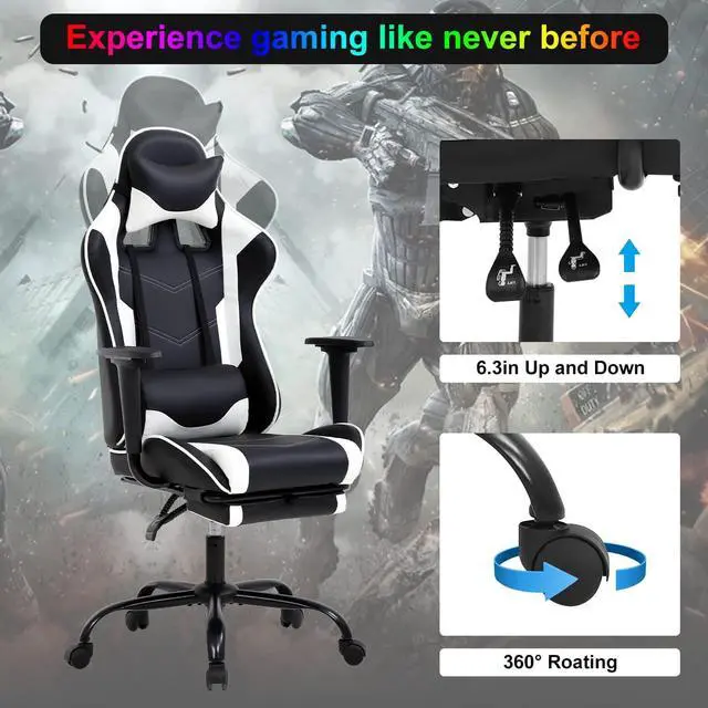 Alt view image 6 of 7 - Gaming Chair Computer Chair Ergonomic Gaming Chair with Footrest Reclining High Back Video Game Chair with Lumbar Support Headrest Armrest Swivel Seat for Women, Men (White)