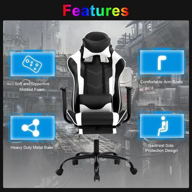 Alt view image 7 of 7 - Gaming Chair Computer Chair Ergonomic Gaming Chair with Footrest Reclining High Back Video Game Chair with Lumbar Support Headrest Armrest Swivel Seat for Women, Men (White)