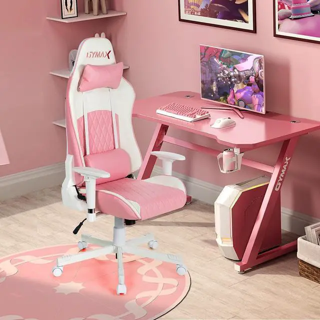 Alt view image 2 of 7 - GYMAX Gaming Chair, Pink Ergonomic High Back Computer Chair with Headrest & Lumbar Support, Racing Style Desk Task Rolling Chair for Home Office Gaming Working Studying
