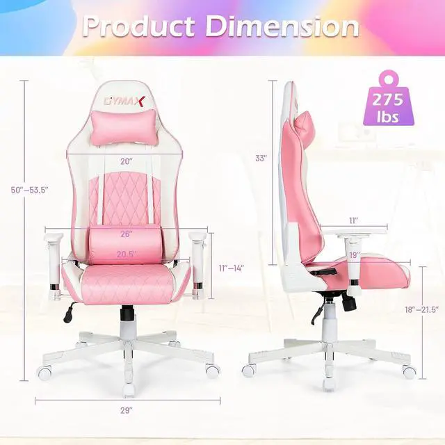 Alt view image 3 of 7 - GYMAX Gaming Chair, Pink Ergonomic High Back Computer Chair with Headrest & Lumbar Support, Racing Style Desk Task Rolling Chair for Home Office Gaming Working Studying