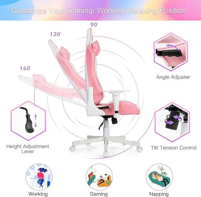 Alt view image 7 of 7 - GYMAX Gaming Chair, Pink Ergonomic High Back Computer Chair with Headrest & Lumbar Support, Racing Style Desk Task Rolling Chair for Home Office Gaming Working Studying