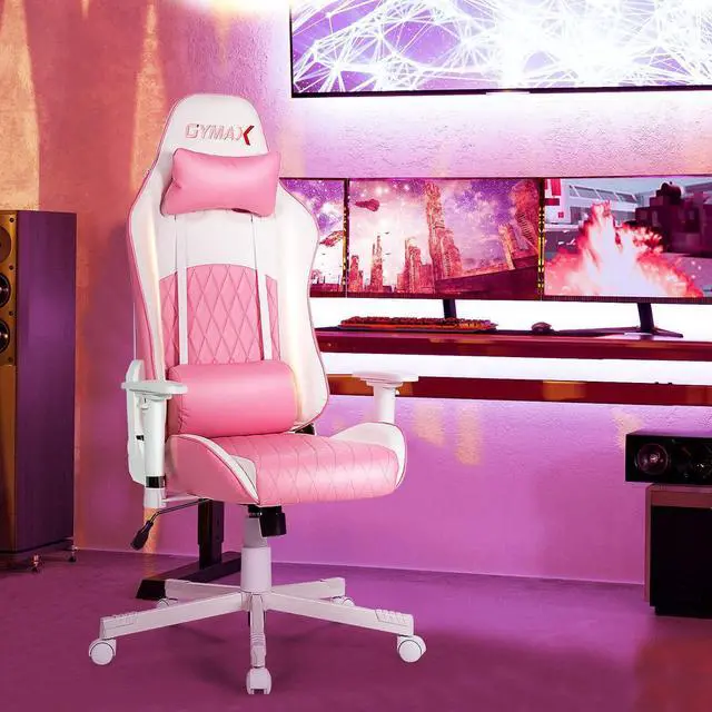 Alt view image 4 of 7 - GYMAX Gaming Chair, Pink Ergonomic High Back Computer Chair with Headrest & Lumbar Support, Racing Style Desk Task Rolling Chair for Home Office Gaming Working Studying