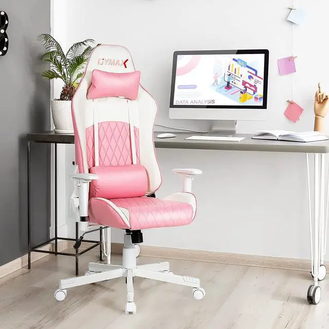 Alt view image 5 of 7 - GYMAX Gaming Chair, Pink Ergonomic High Back Computer Chair with Headrest & Lumbar Support, Racing Style Desk Task Rolling Chair for Home Office Gaming Working Studying