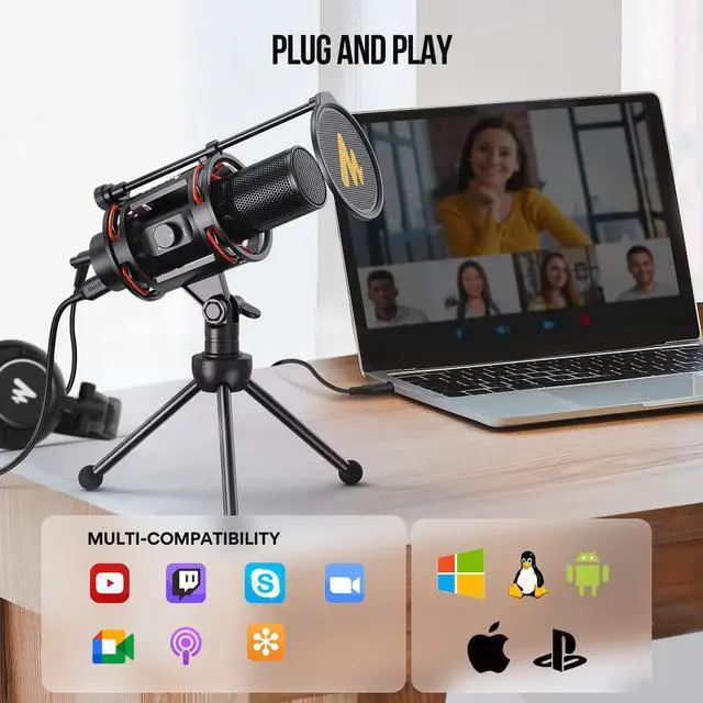 Alt view image 3 of 7 - Computer Microphone All in One USB Condenser Mic 192kHz/24bit with Metal Pop Filter, Tripod, Gain Knob&0-Latency Monitoring for Zoom Meeting, Podcasting, Streaming, YouTube, Voice Over, Gaming