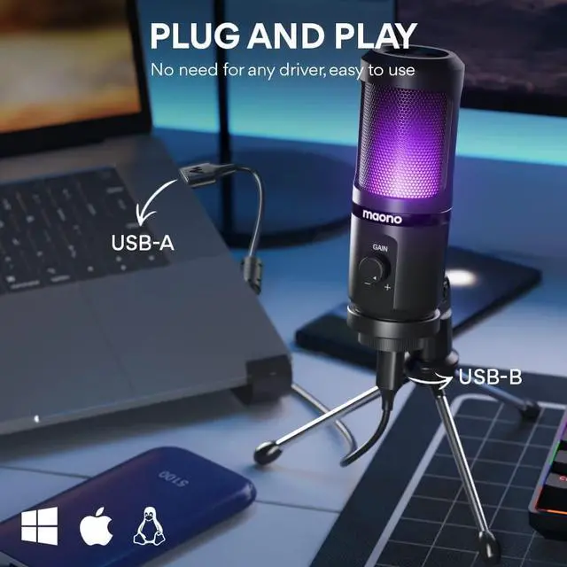 Alt view image 6 of 7 - USB Gaming Microphone for PC, Computer Condenser Mic with Gain Knob, RGB Light, Tripod Stand for Recording, Podcasting, Streaming, Compatible with PS5 PS4 Mac Laptop Desktop (PM461TR RGB)