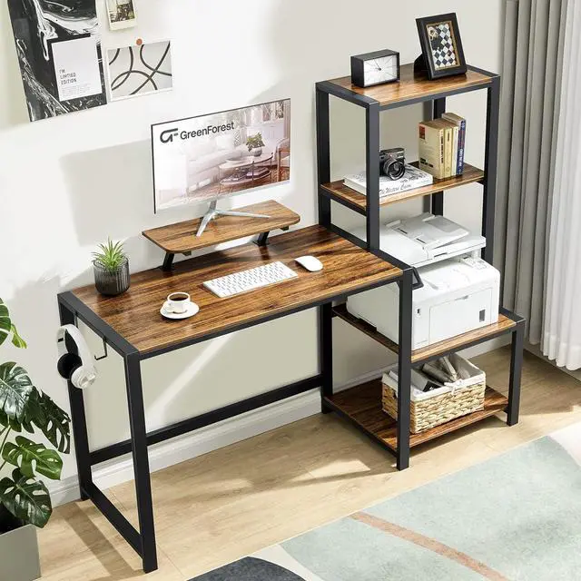 Alt view image 7 of 7 - GreenForest Computer Desk 58 inch with Storage Printer Shelf Reversible Home Office Desk with Movable Monitor Stand and 2 Headphone Hooks for Study Writing PC Gaming Working, Walnut