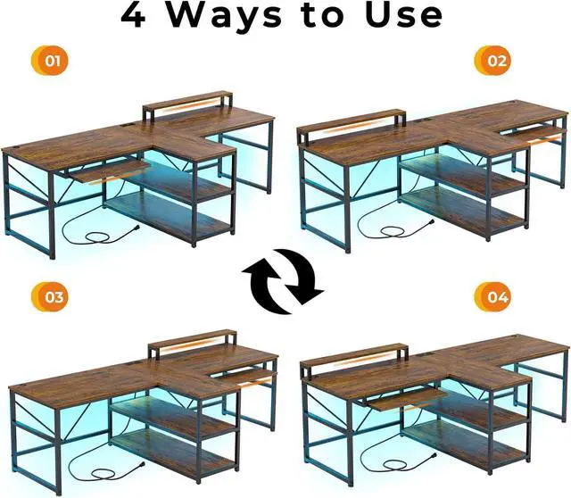 Alt view image 6 of 7 - SEDETA 94.5" Home Office Desks, Computer Gaming Desk with Storage, LED Lights, Power Strip with USB, Keyboard Tray & Monitor Stand, Extra Long Double Desk for 2 Person, Rustic Brown