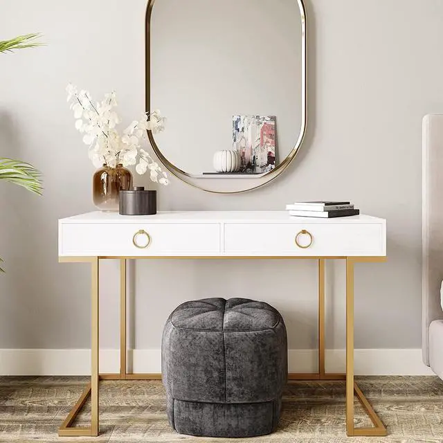 Main image of BELLEZE Vanity Desk with 2 Drawers, 45 Inch Computer Desk Mordern Vanity Makeup Dressing Table Home Office Desk Laptop Study Writing Table with Gold Metal Frame, White