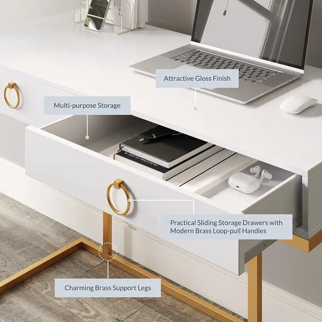 Alt view image 4 of 7 - BELLEZE Vanity Desk with 2 Drawers, 45 Inch Computer Desk Mordern Vanity Makeup Dressing Table Home Office Desk Laptop Study Writing Table with Gold Metal Frame, White