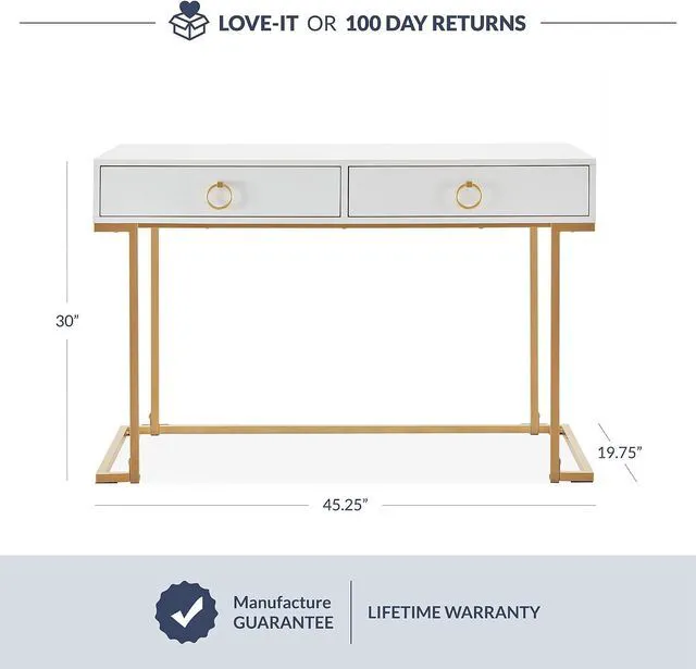 Alt view image 2 of 7 - BELLEZE Vanity Desk with 2 Drawers, 45 Inch Computer Desk Mordern Vanity Makeup Dressing Table Home Office Desk Laptop Study Writing Table with Gold Metal Frame, White