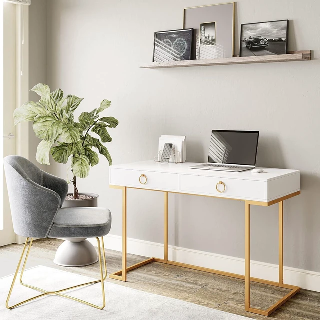 Alt view image 3 of 7 - BELLEZE Vanity Desk with 2 Drawers, 45 Inch Computer Desk Mordern Vanity Makeup Dressing Table Home Office Desk Laptop Study Writing Table with Gold Metal Frame, White