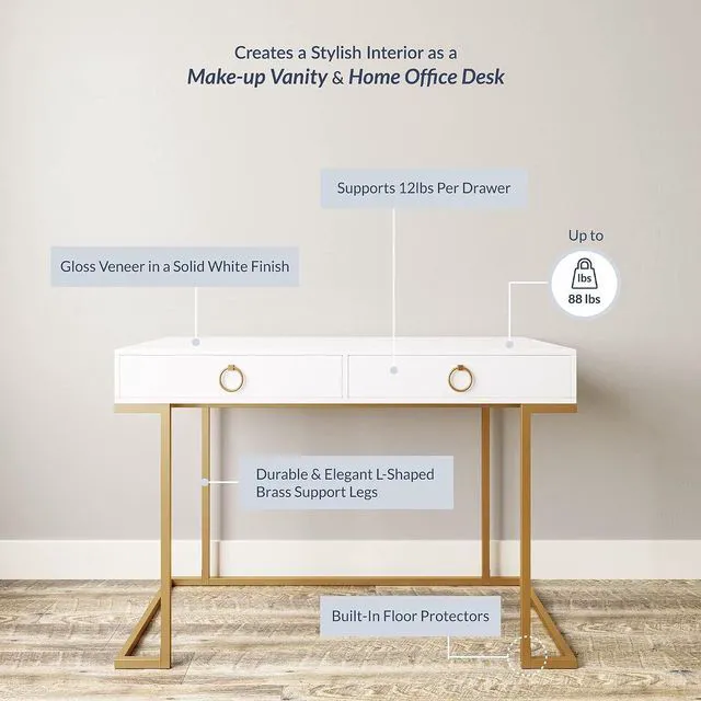 Alt view image 5 of 7 - BELLEZE Vanity Desk with 2 Drawers, 45 Inch Computer Desk Mordern Vanity Makeup Dressing Table Home Office Desk Laptop Study Writing Table with Gold Metal Frame, White