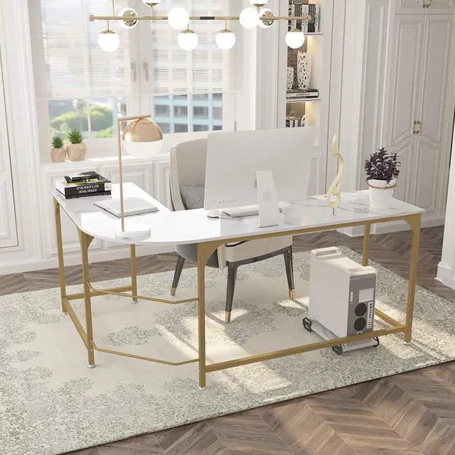 Alt view image 2 of 7 - Teraves Reversible L Shaped Desk White - 66.1" Corner Gaming Computer Desk, Office Workstation Modern Home Study Writing Table, Marble Gold