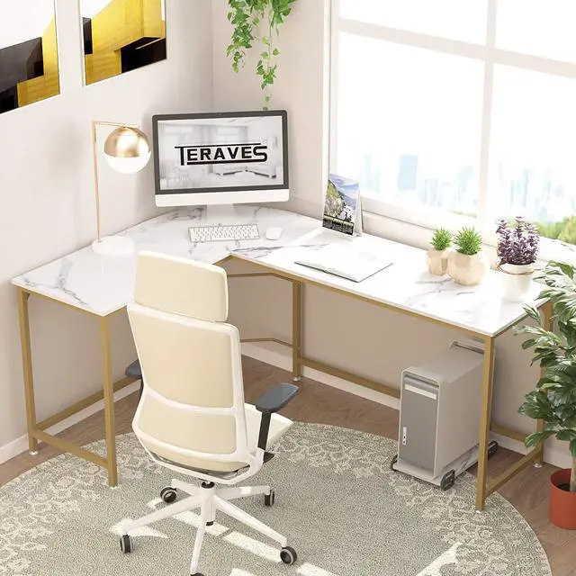 Alt view image 4 of 7 - Teraves Reversible L Shaped Desk White - 66.1" Corner Gaming Computer Desk, Office Workstation Modern Home Study Writing Table, Marble Gold