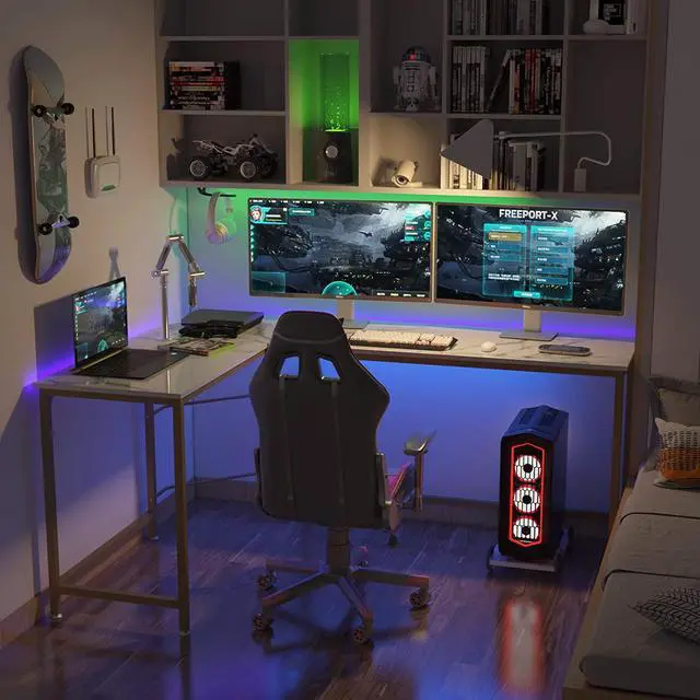 Alt view image 6 of 7 - Teraves Reversible L Shaped Desk White - 66.1" Corner Gaming Computer Desk, Office Workstation Modern Home Study Writing Table, Marble Gold