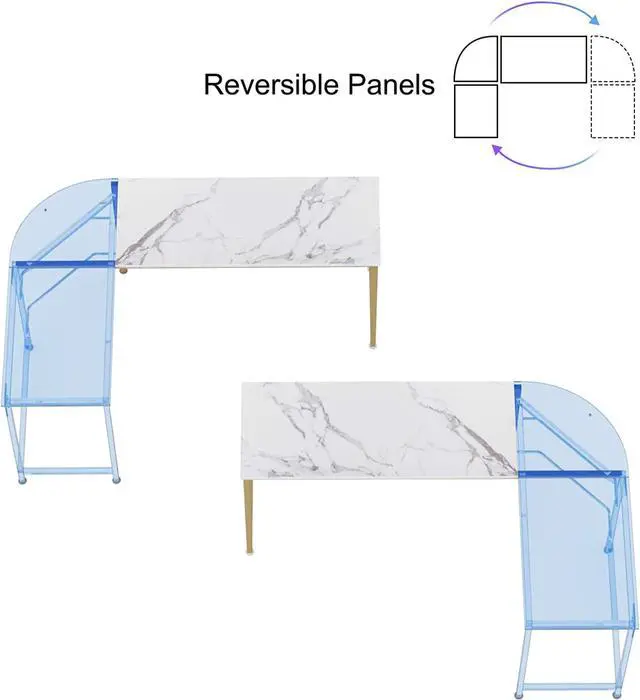 Alt view image 7 of 7 - Teraves Reversible L Shaped Desk White - 66.1" Corner Gaming Computer Desk, Office Workstation Modern Home Study Writing Table, Marble Gold