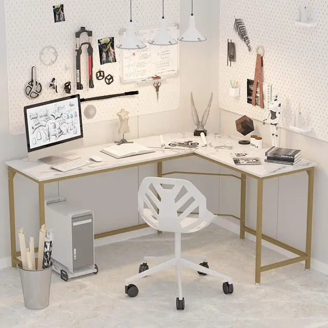 Alt view image 5 of 7 - Teraves Reversible L Shaped Desk White - 66.1" Corner Gaming Computer Desk, Office Workstation Modern Home Study Writing Table, Marble Gold