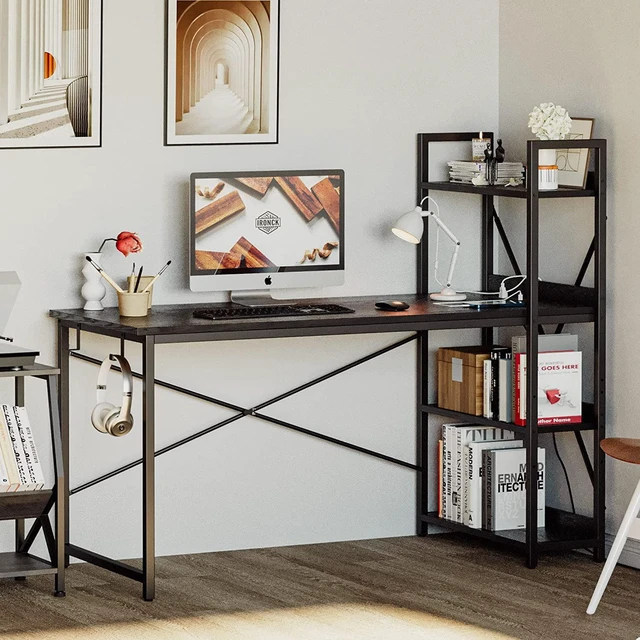 Alt view image 2 of 7 - IRONCK Computer Desk 55" with Power Outlet and Storage Shelves, Study Writing Table with USB Ports Charging Station, PC Desk Workstation for Home Office, Black