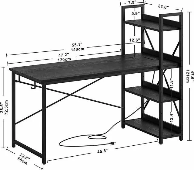 Alt view image 7 of 7 - IRONCK Computer Desk 55" with Power Outlet and Storage Shelves, Study Writing Table with USB Ports Charging Station, PC Desk Workstation for Home Office, Black