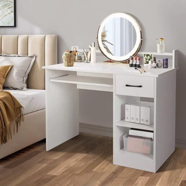 Alt view image 2 of 7 - SILKYDRY Computer Desk with Hutch & Keyboard Tray, Home Office Workstation with Drawer, Adjustable Shelves, Modern Vanity Table for Bedroom, Wooden Writing Study Laptop PC Desk (White)