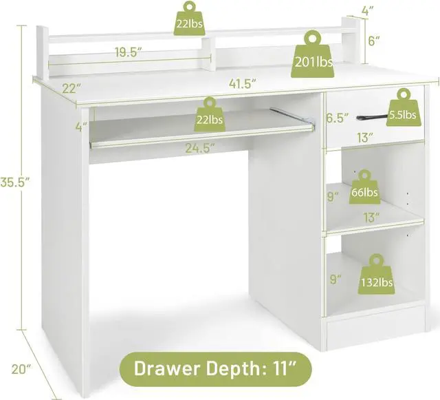 Alt view image 3 of 7 - Tangkula White Desk with Drawer & Keyboard Tray, 22 Inch Wide Modern Study Writing Desk with Desktop Hutch & Storage Shelves, Home Office Desk for Teens, Wood PC Laptop Desk, Desk for Bedroom