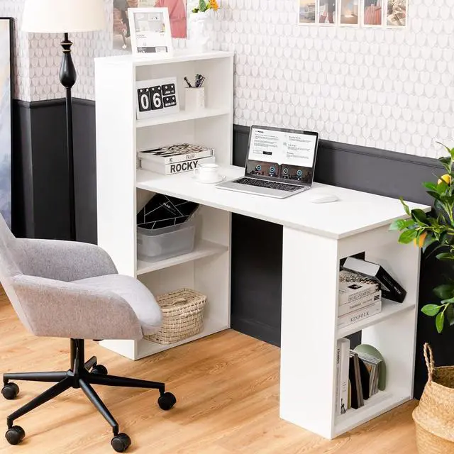 Alt view image 2 of 7 - IFANNY White Computer Desk w/Bookshelf, Modern Home Office Desk w/Storage Shelves & CPU Stand, Space-Saving Design, Compact Corner Computer Workstation for Small Spaces