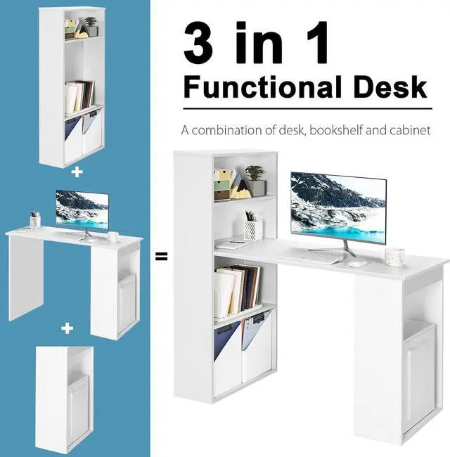 Alt view image 5 of 7 - IFANNY White Computer Desk w/Bookshelf, Modern Home Office Desk w/Storage Shelves & CPU Stand, Space-Saving Design, Compact Corner Computer Workstation for Small Spaces