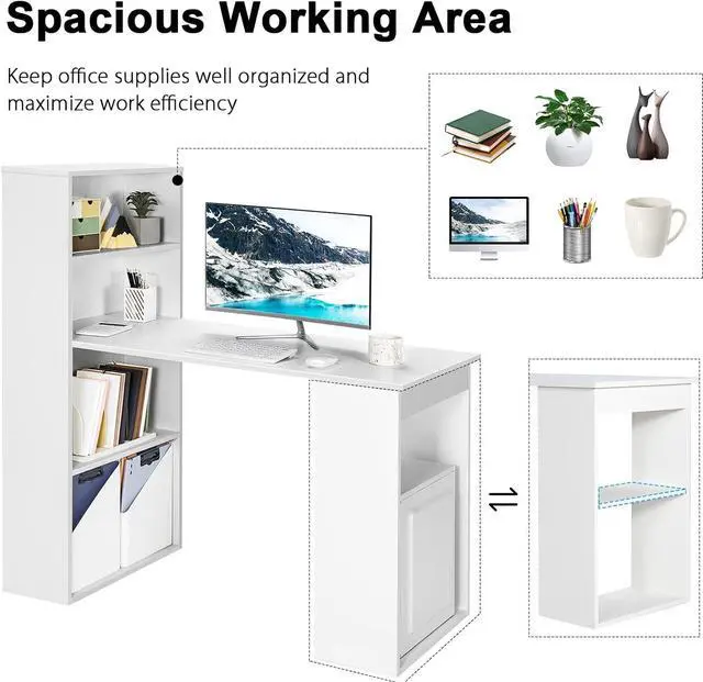 Alt view image 6 of 7 - IFANNY White Computer Desk w/Bookshelf, Modern Home Office Desk w/Storage Shelves & CPU Stand, Space-Saving Design, Compact Corner Computer Workstation for Small Spaces