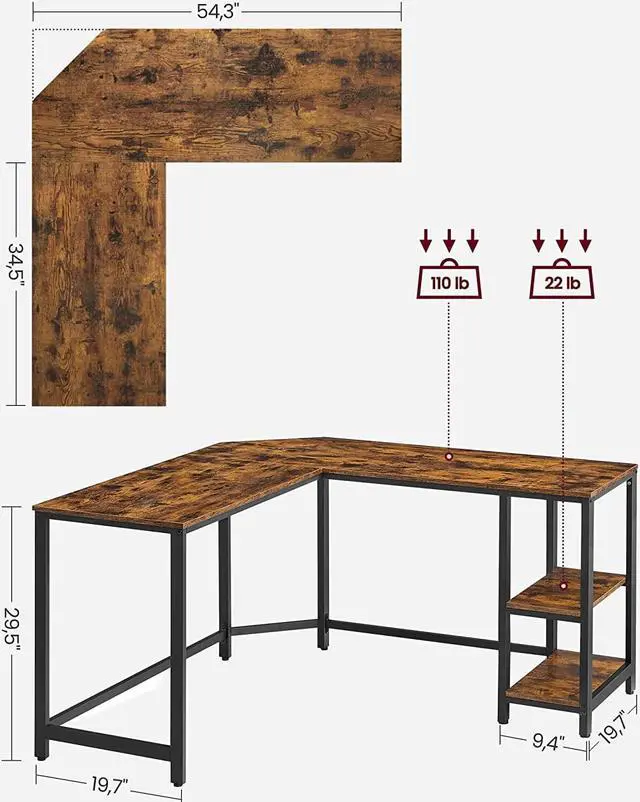 Alt view image 3 of 7 - VASAGLE L-Shaped Computer Desk, Corner Desk, 54-Inch Writing Study Workstation, Rustic Brown and Black ULWD72X