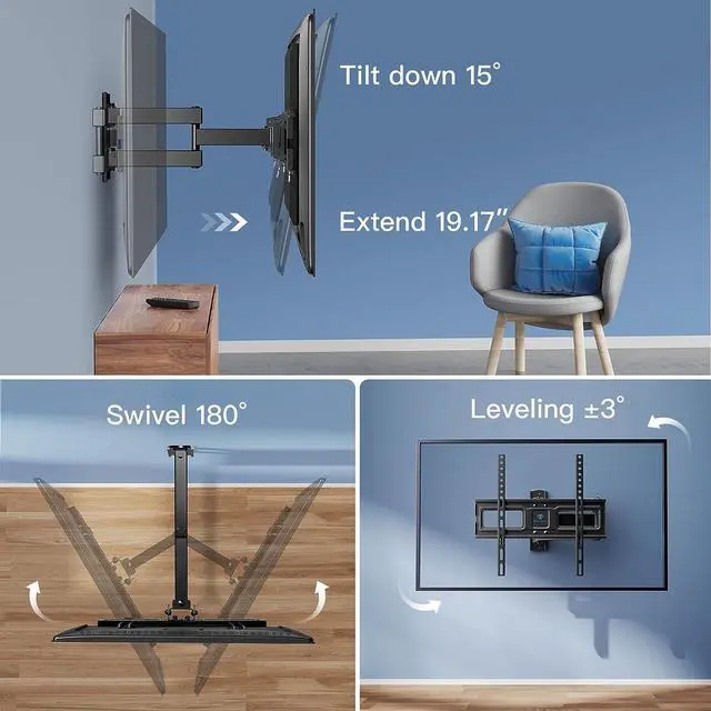 Alt view image 4 of 7 - PERLESMITH Full Motion Articulating TV Wall Mount Bracket for 26-55in TVs up to 70lbs - Swivels, Tilts, Adjusts - Max VESA 400x400mm