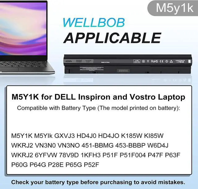 Alt view image 2 of 7 - M5Y1K Battery for Dell Inspiron 5559 5558 Battery, for Dell Inspiron 15 3000 5000 Battery 3558 3567 5555 5566 5759, Compatible with Dell Laptop Battery Replacement K185W GXVJ3 M5y1k 14.8V 40Wh Battery