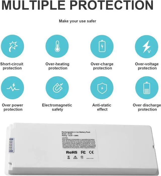 Alt view image 4 of 7 - ARyee 59Wh 10.8V A1185 Laptop Battery Replacement for Apple MacBook 13 A1181 MA561 MA254 MA255 MB402 MB061 MB062 (Mid/Late 2006, Mid/Late 2007, Early/Late 2008, Early/Mid 2009)