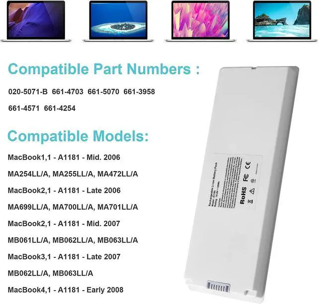 Alt view image 3 of 7 - ARyee 59Wh 10.8V A1185 Laptop Battery Replacement for Apple MacBook 13 A1181 MA561 MA254 MA255 MB402 MB061 MB062 (Mid/Late 2006, Mid/Late 2007, Early/Late 2008, Early/Mid 2009)